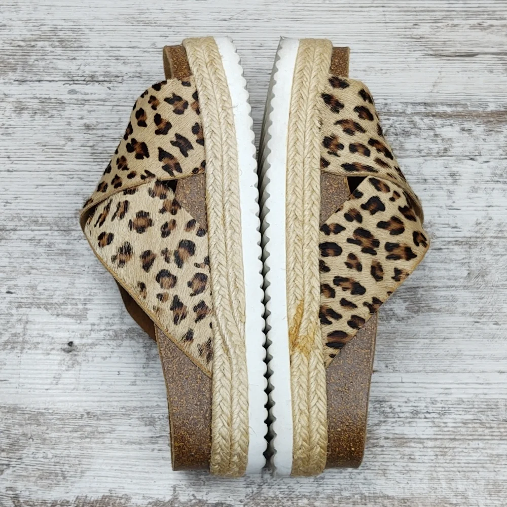 Like New Office Girl Leopard Calf Hair Flatform Espadrille Slide Sandal - Picture 12 of 16